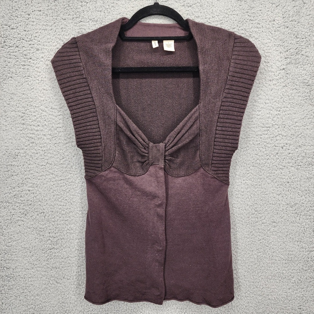 Moth Women Brown Ribbed Knit Sleeveless Bow Front Cardigan Vest Size Small